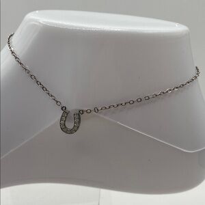 Sterling Silver 925 Simulated Diamond Lucky Horseshoe Ankle Bracelet 9 1/2”L